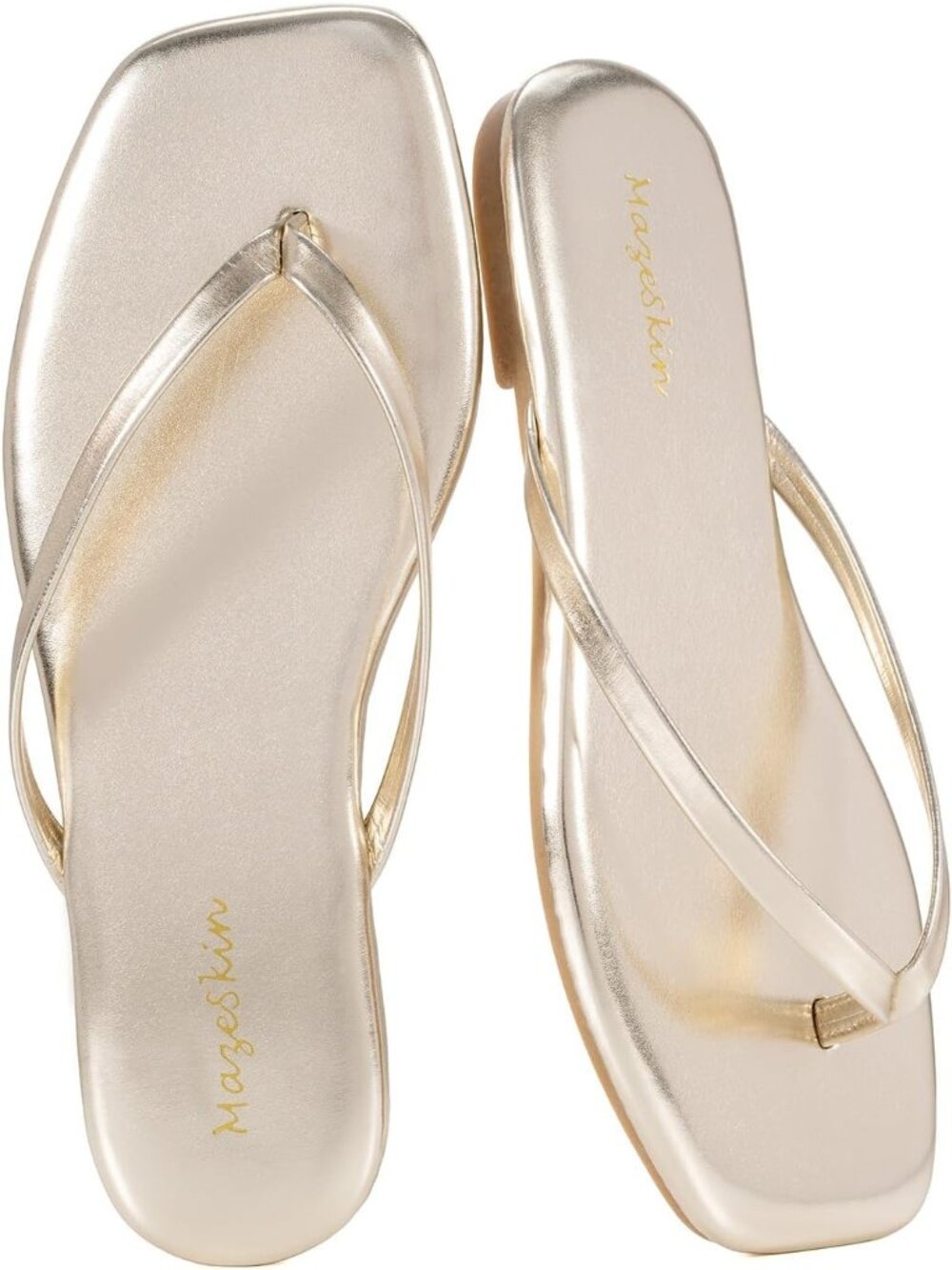 Women's Gold Cushioned Square Toe Flat Memory Foam Thong Flip Flops Sandal